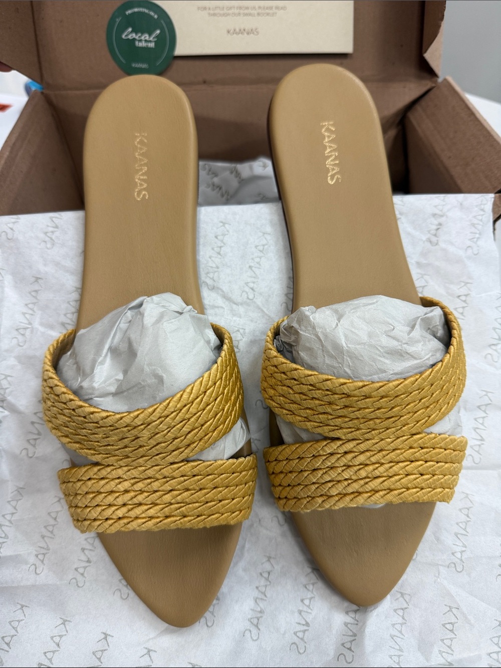 Kaanas Mustard Braided Double-Strap Slide Mules NWT